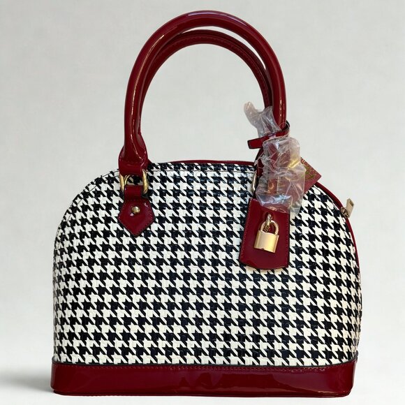 Red Patent Leather Satchel – Houndstooth Detail with Gold Accents (New) - Picture 1 of 1